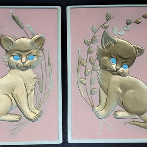 Vintage 1961 Ritcher Chalkware Pink and Gold Cats Wall Decor Set of 2