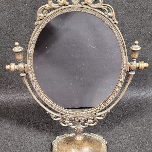 Vintage Antique Brass Swivel Table Mirror