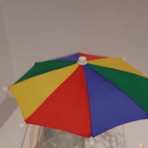May include: A colourful, multi-coloured, small umbrella with red, yellow, blue, and green panels. The umbrella is sitting on top of a white wire rack.