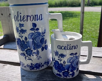 Vintage Italian Oil and Vinegar Dispenser: Floral Kitchen Decor, 1960s POF Porcelain Vintage Kitchen Italy Blue White Roses