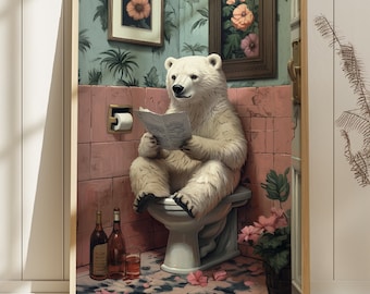 May include: A framed art print depicts a polar bear sitting on a toilet, reading a newspaper. The bathroom setting includes pink tile, floral wallpaper, and two framed floral prints. Two wine bottles and a glass are on the floor.