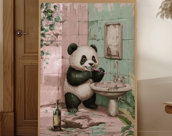 Panda Bathroom Wall Art, Kids Toilet Print, Panda Brushing Teeth Print, Toilet Decor, Alcohol Print, Panda Print, Trendy Bathroom Decor
