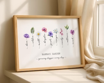 Personalised Nanna's Garden Flower Print, Custom Mum Gift, Family Birth Flower Gift, Family Gift, Unique Keepsake Gifts
