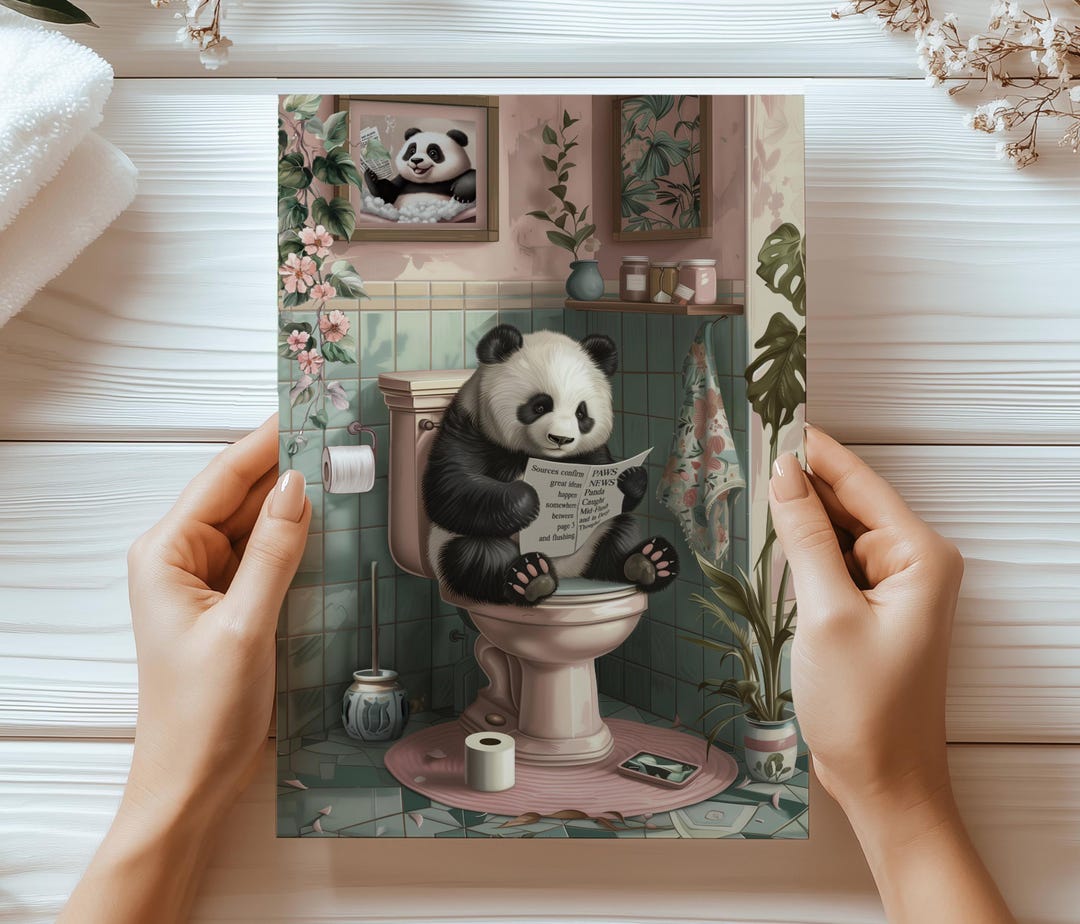 Panda on Toilet Print - Funny Bathroom Wall Art, Retro Panda Print ...