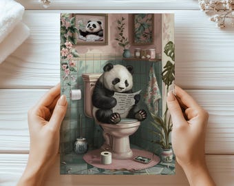 Panda on Toilet Print - Funny Bathroom Wall Art, Retro Panda Print, Animal Newspaper Art Print, Funny Animal Wall Art, Bathroom Prints
