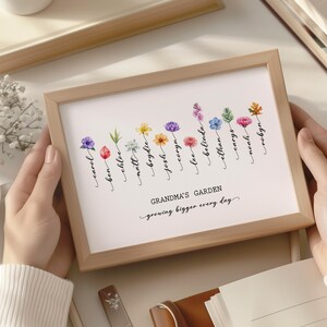May include: A framed print with a watercolor illustration of flowers and names, with the text "Grandma's Garden - growing bigger every day".