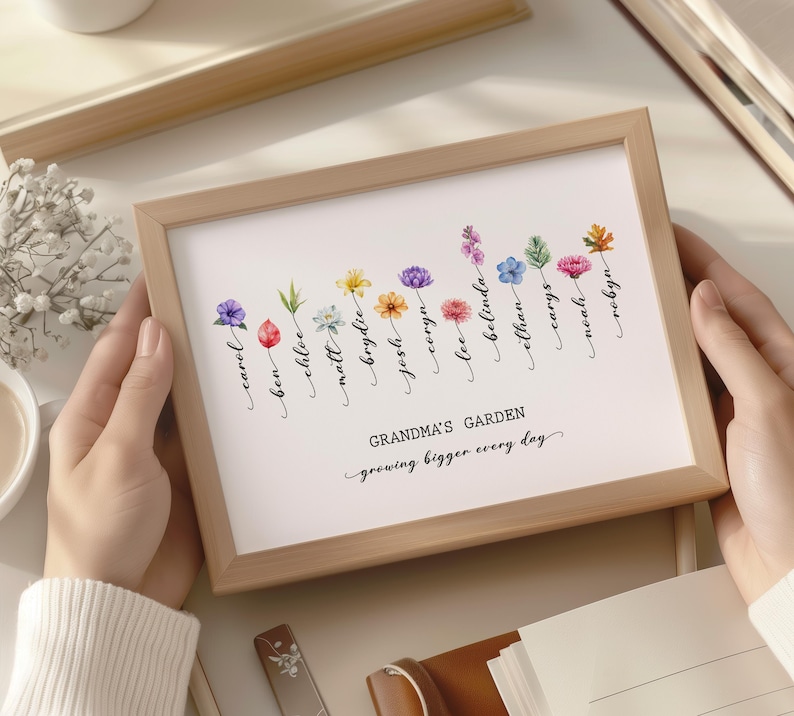 May include: A framed print with a watercolor illustration of flowers and names, with the text "Grandma's Garden - growing bigger every day".