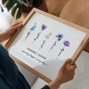 May include: A white framed print with a floral design and the text "Grandma's Garden growing bigger every day". The flowers are purple, blue, and white and are arranged in a vertical line. Each flower is labeled with a name: Matt, Brydie, Josh, Coryn, and Carly.