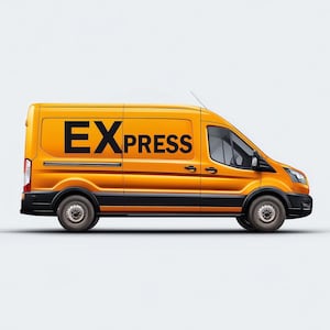 May include: An orange delivery van with black detailing and the word "EXPRESS" in black lettering. The van has black tyres and a black stripe along the bottom. The van is shown in profile.