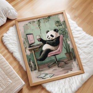 May include: A panda bear sitting in a pink office chair, working on a computer with a glass of wine in its hand. The panda is surrounded by plants and a green wall.