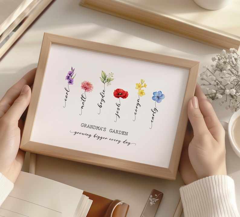 May include: A framed print with a watercolor illustration of flowers and names. The text reads "Grandma's Garden - growing bigger every day".