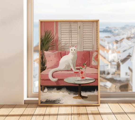 Retro Cocktail Wall Art - Eclectic Cat Print, Pink Room Decor, Animal Poster (Digital Download)