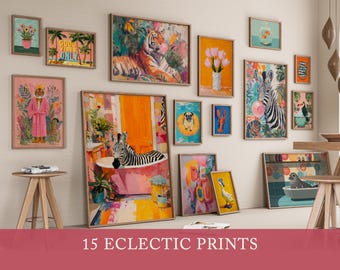 Eclectic Gallery Wall Decor – 15 Playful Animal Prints - Colorful Wall Art for Living Room - Quirky Maximalist Printable Art