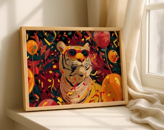 Maximalistische tijger kunst aan de muur - kleurrijke tijgerprint - eclectische jungle decor - wildlife poster - tijger geschenken (digitale download)