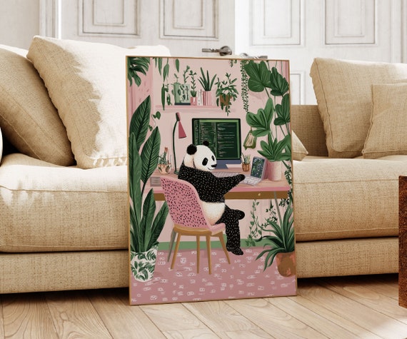 Panda Office Wall Art, Trendy Panda Art Print, Panda Print, Funny Animal Poster, Panda on Computer Print, Gift for Panda Lover, Panda Poster
