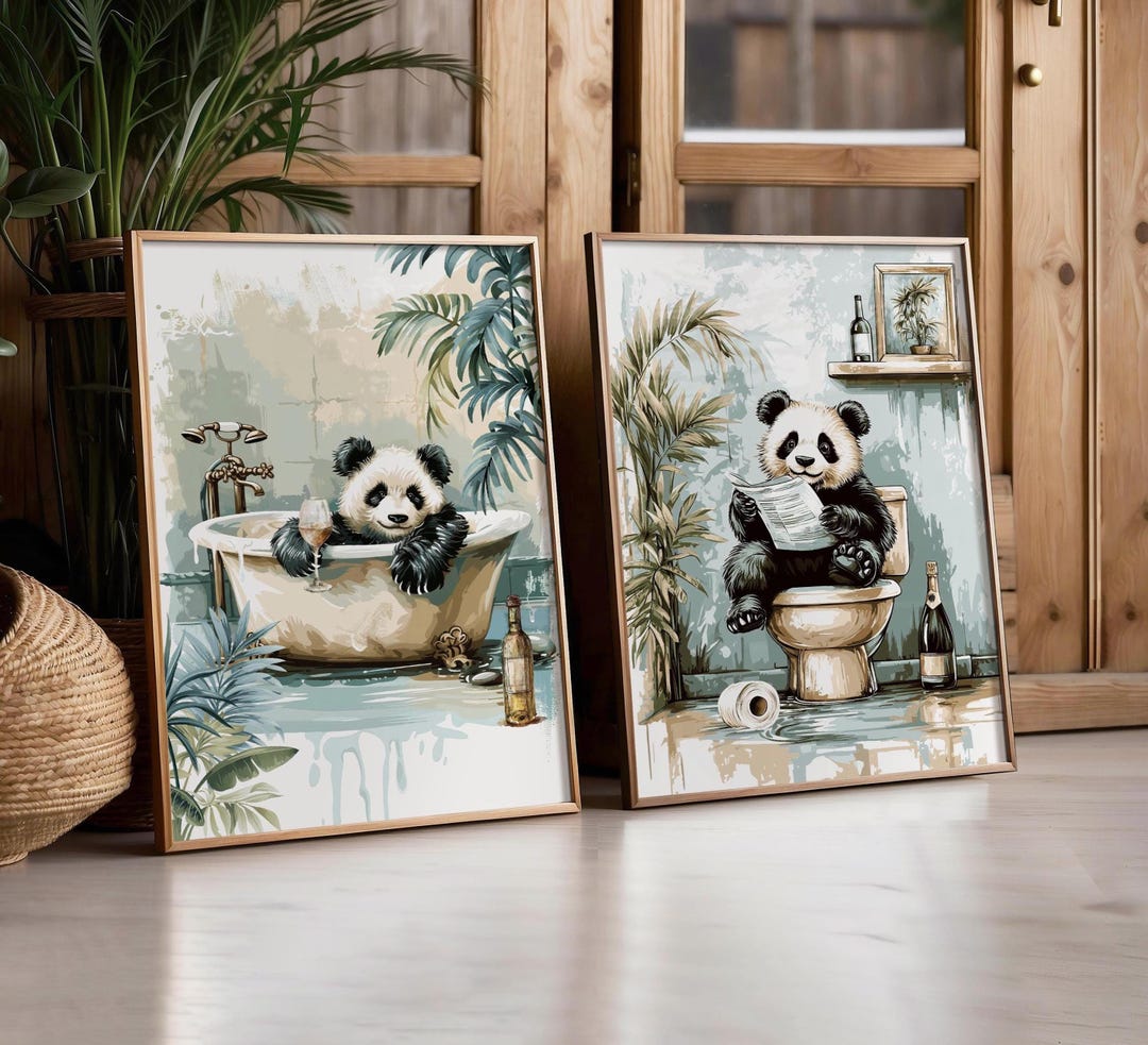 2 Panda Bathroom Prints - Panda on Toilet & Bathtub Wall Art, Animal ...