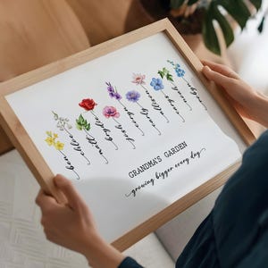 May include: A framed print with a white background and watercolor illustrations of flowers. Each flower is labeled with a name, such as "Ben", "Chloe", "Matt", and "Brydie". The text "Grandma's Garden growing bigger every day" is at the bottom of the print.