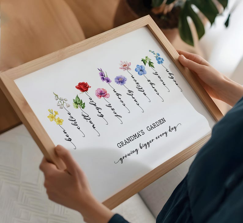 May include: A framed print with a white background and watercolor illustrations of flowers. Each flower is labeled with a name, such as "Ben", "Chloe", "Matt", and "Brydie". The text "Grandma's Garden growing bigger every day" is at the bottom of the print.