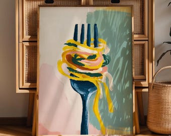 Colourful Kitchen Art Print, Spaghetti Retro Wall Art, Quirky Food Poster, Modern Dining Room or Kitchen Decor, Gift for Pasta Lovers