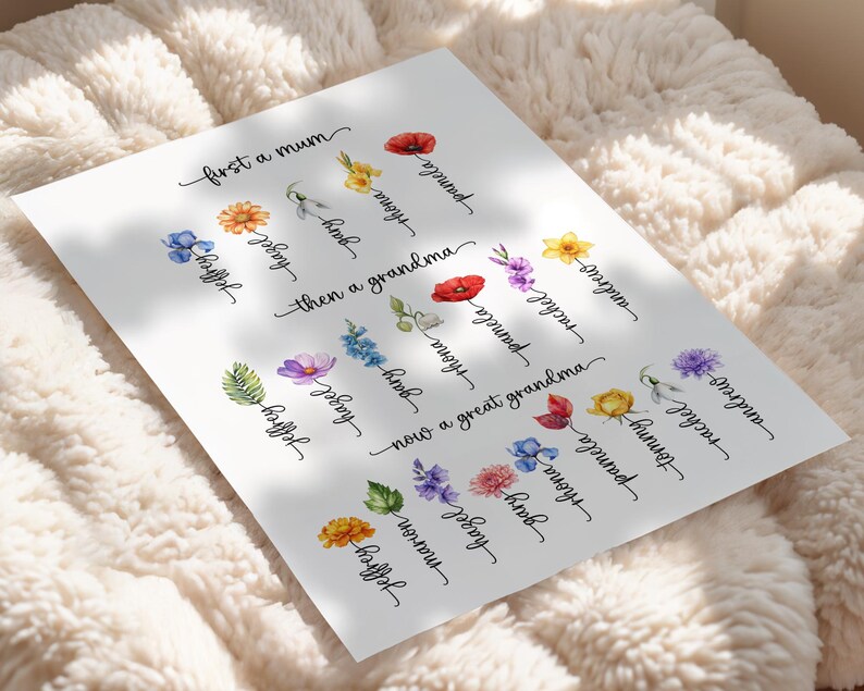 May include: A white print with floral illustrations and the words "first a mum, then a grandma, now a great grandma." Names are written in cursive script, with colorful flower accents.
