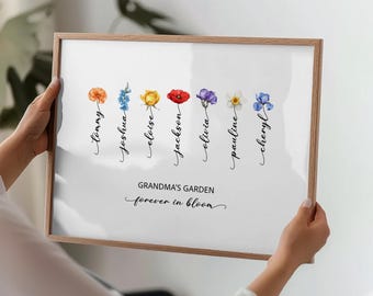 Könnte beinhalten: Ein gerahmter Druck mit sieben Blumen im Aquarellstil in Orange, Blau, Gelb, Rot, Violett, Weiß und Blau. Jede Blume hat einen vertikal in schwarzer Schreibschrift geschriebenen Namen. Der Text lautet GRANDMA'S GARDEN und forever in bloom.