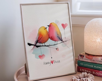 Personalised Valentines Day Gift - Lovebirds Print - Anniversary Gift - Romantic Wall Art - Bird Lover Keepsake - Custom Couples Gift