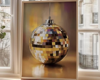 Stampa da cucina con palla da discoteca - Divertente decorazione da parete retrò beige, elegante decorazione per la casa (download digitale)