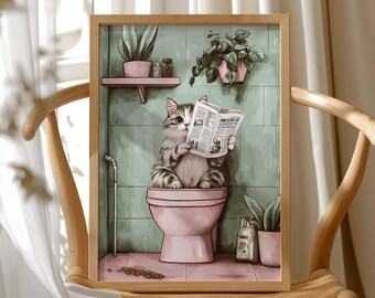 Humorous Cat on Toilet Print – Funny Bathroom Wall Art - Cozy Home Decor - Cat Print - Relaxing Wall Art - Newspaper Print