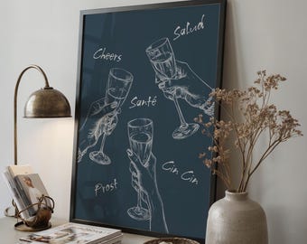 Cheers Champagne Print - Multilingual Toast Wall Art - Dining Room Decor - Cheers Print - Funny Kitchen Print - Trendy Home Decor