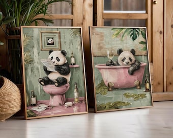 2 Panda Bathroom Prints – Fun Bathroom Decor - Panda Toilet Wall Art – Alcohol Posters – Quirky Home Decor – Panda Prints