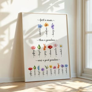 May include: A framed print with the text "first a mum, then a grandma, now a great grandma." The print features watercolor flower illustrations and names. The names include Amelia, Charlene, Harry, Jeffrey, Hazel, Gary, Rhona, Pamela, Rachel, Marion, Elaine, Tommy, and Andrew.
