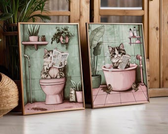 Humorous Bathroom Decor - Cat on Toilet & Bathtub Print - Cat Prints - Quirky Toilet Art - Cute Home Decor - (Set of 2)
