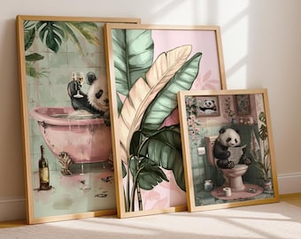 3 Bathroom Prints - Tropical Toilet Wall Art, Animal Decor, Panda Print (Digital Download)