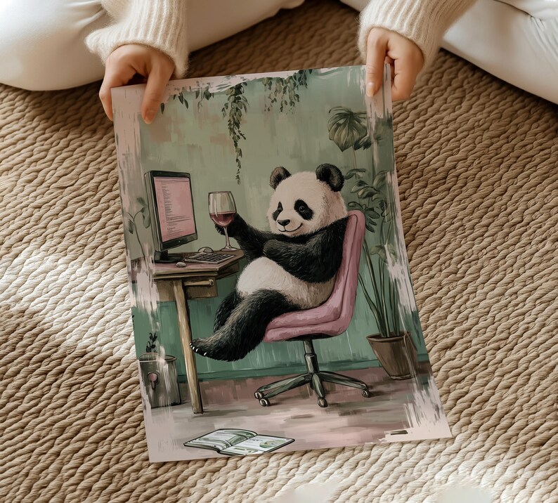 May include: A panda bear sitting in a pink chair, wearing a black and white fur coat, holding a glass of red wine and looking at a computer screen. The panda is in a room with green plants and a wooden desk.