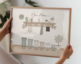 Personalised Family Welly Print, Custom Family Name Wall Art, Welly Boot Family Portrait, New Home Gift, Housewarming Gift, Family Keepsake