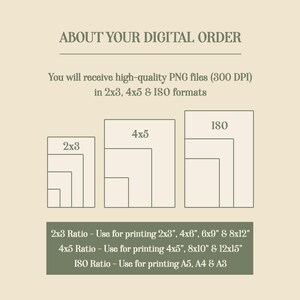 May include: An image with text that reads "ABOUT YOUR DIGITAL ORDER". It also states that you will receive high-quality PNG files in 2x3, 4x5 & ISO formats. The image shows the different ratios and sizes for printing.