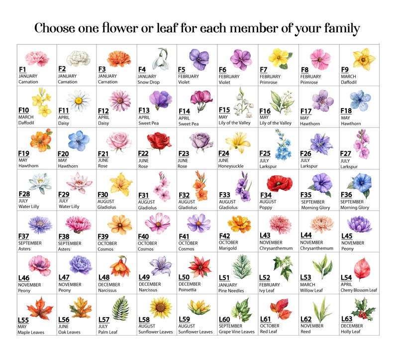 May include: A chart with watercolor illustrations of flowers and leaves, each labeled with a month and a name. The chart is divided into 56 squares, each containing a different flower or leaf. The chart is a visual guide to flowers and leaves that bloom or grow in different months of the year.
