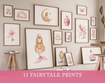 Pink Nursery Wall Art – 15 Girls Playroom Prints – Watercolor Princess Art – Mermaid Print - Fairytale Decor