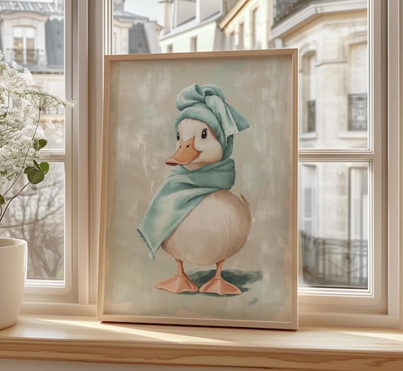 Duck Bathroom Wall Art – Cute Duck in Towel Print – Funny Bathroom Decor – Quirky Duck Wall Art – Trendy Duck Prints – Duck Home Decor