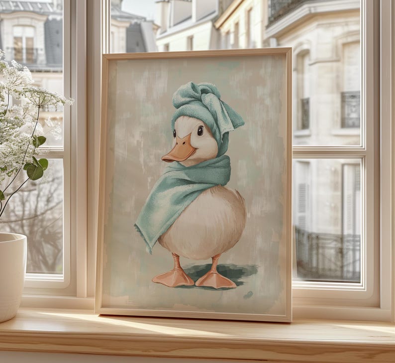 Duck Bathroom Wall Art – Cute Duck in Towel Print – Funny Bathroom Decor – Quirky Duck Wall Art – Trendy Duck Prints – Duck Home Decor image 1