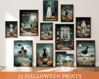 May include: A collection of 12 Halloween-themed prints. The artwork features watercolor illustrations of ghosts, witches, pumpkins, and spooky scenes. The prints are framed and arranged on a wall, with a variety of sizes and orientations.