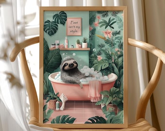 Sloth taking a Bubble Bath - Animal Bathroom Print - Tropical Toilet Wall Art - Custom Kids Bathroom Decor - Powder Room Print