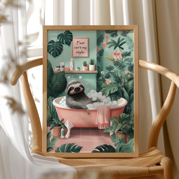 Sloth taking a Bubble Bath - Animal Bathroom Print - Tropical Toilet Wall Art - Custom Kids Bathroom Decor - Powder Room Print