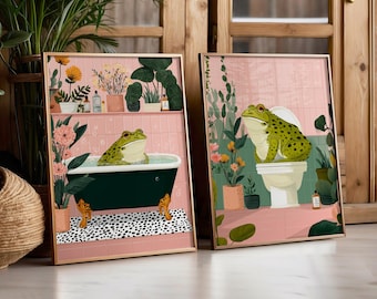 Bathroom Wall Art - Frog Prints - Toilet & Bathtub Art Prints - Home Decor - Frog Gifts - Digital Download