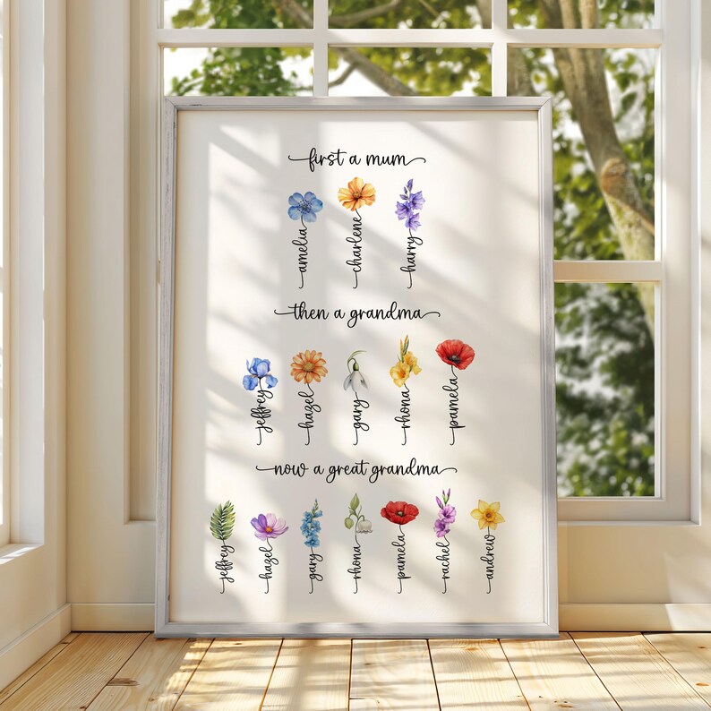 May include: Framed print with floral illustrations and names. The text reads "first a mum, then a grandma, now a great grandma." Names like Amelia, Charlene, and Harry are listed with flower graphics. The frame is white, and the background is a window.