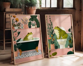 Frog Bathroom Wall Art – Frog in Bathtub & Toilet Prints – Quirky Bathroom Decor – Frog Lover Gift – Humorous Home Decor