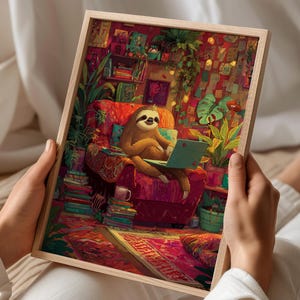 May include: A framed art print showing a sloth working on a laptop in a cosy, plant-filled room. The sloth is brown, the chair is red, and the room is decorated with books, plants, and a patterned rug. The artwork has a warm, inviting feel.