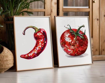 Trendy Kitchen Prints - Chilli & Tomato Disco Ball Prints - Chilli Print - Playful Food Art Set - Tomato Print - Modern Artwork