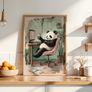 May include: A digital illustration of a panda bear sitting in a pink office chair, working at a computer and drinking a glass of wine. The panda is wearing a black and white fur coat and has a relaxed expression on its face. The background is a green and brown watercolor painting of a room with plants.