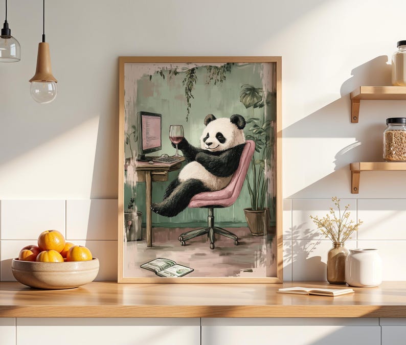 May include: A digital illustration of a panda bear sitting in a pink office chair, working at a computer and drinking a glass of wine. The panda is wearing a black and white fur coat and has a relaxed expression on its face. The background is a green and brown watercolor painting of a room with plants.